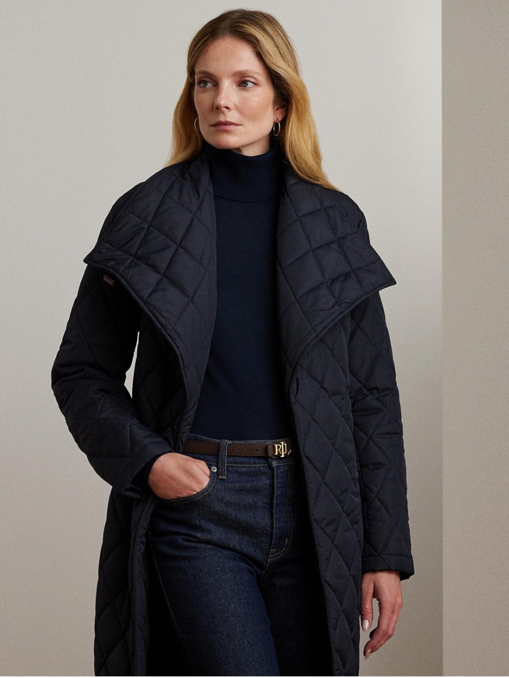Lauren Ralph Lauren Diamond Quilted Maxi Wrap Coat Black XL Belted - Picture 2 of 11